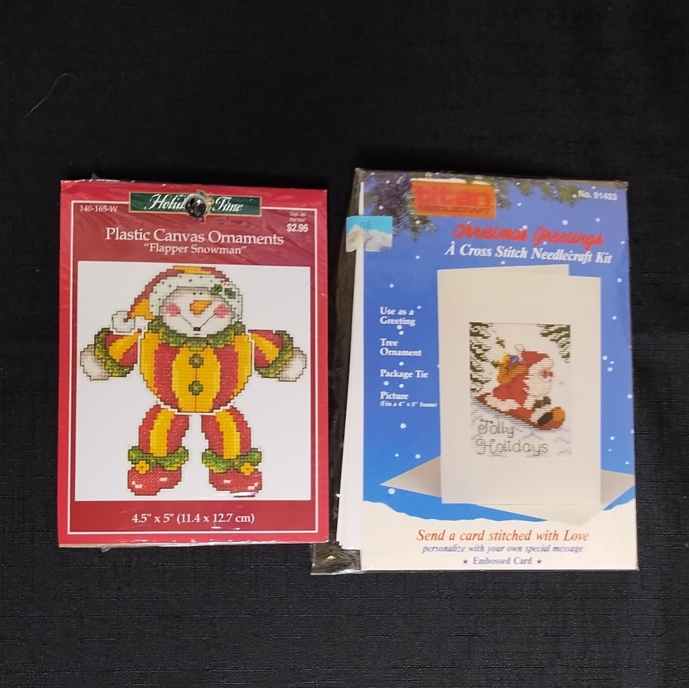 Set of 2 Vintage Holiday Cross Stitch Kits Snowman Ornament Santa Greeting Card